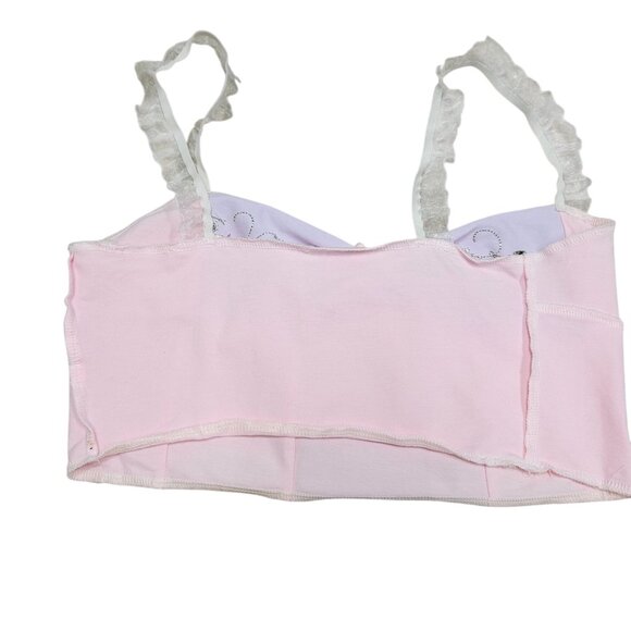 Vintage-Style Pink Lavender Floral Embroidered Bow Accent Crop Top Ruffled Strap - Picture 2 of 7